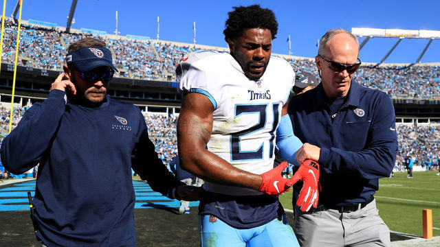 CHARLOTTE, NORTH CAROLINA - NOVEMBER 03: Malcolm Butler #21 of the Tennessee Titans is taken off the field after an injury against the Carolina Panthers during their game at Bank of America Stadium on November 03, 2019 in Charlotte, North Carolina.