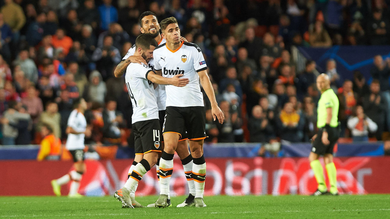 Valencia players celebrates during the during the UEFA Champions League group H match between Valencia CF and Losc Lille at Estadio de Mestalla on November 5, 2019 in Valencia, Spain