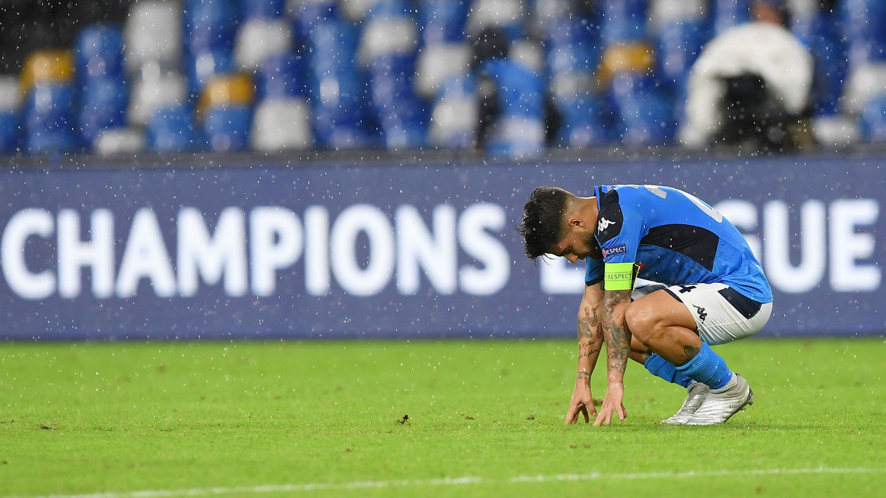 NAPLES, ITALY - NOVEMBER 05: Lorenzo Insigne of SSC Napoli looks disappointed during the UEFA Champions League group E match between SSC Napoli and RB Salzburg at Stadio San Paolo on November 05, 2019 in Naples, Italy.