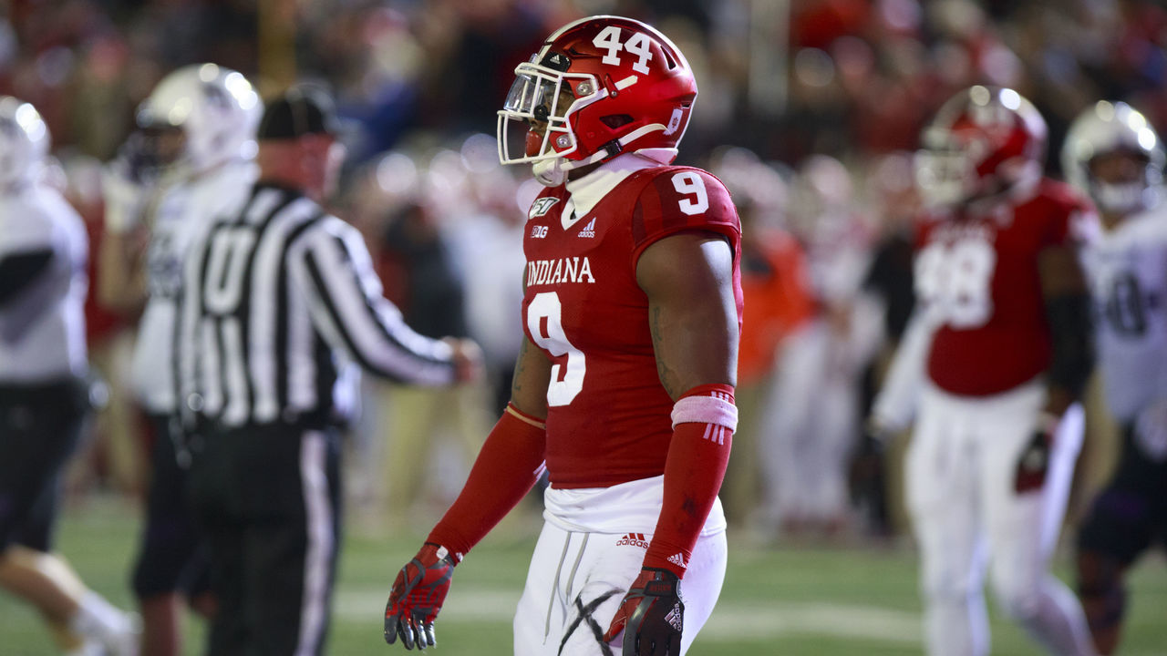 BLOOMINGTON, UNITED STATES - 2019/11/02: Indiana University's Michael Penix Jr. (9) wears number 44 on his helmet for the late IU player George Taliaferro during the NCAA college football game at Memorial Stadium in Bloomington. The Hoosiers beat the Wildcats 34-3.