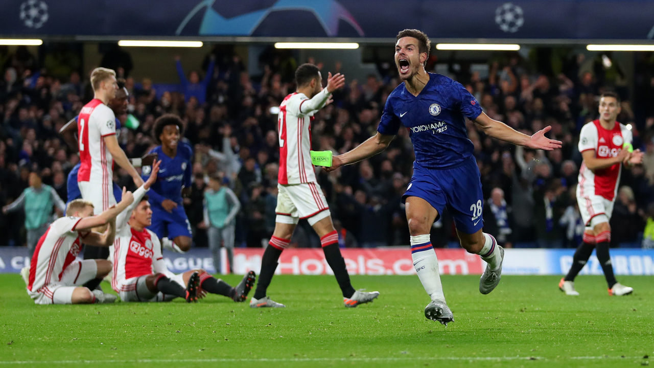 LONDON, ENGLAND - NOVEMBER 05: Cesar Azpilicueta of Chelsea celebrates scoring his sides fifth goal only for it to be disallowed during the UEFA Champions League group H match between Chelsea FC and AFC Ajax at Stamford Bridge on November 05, 2019 in London, United Kingdom.