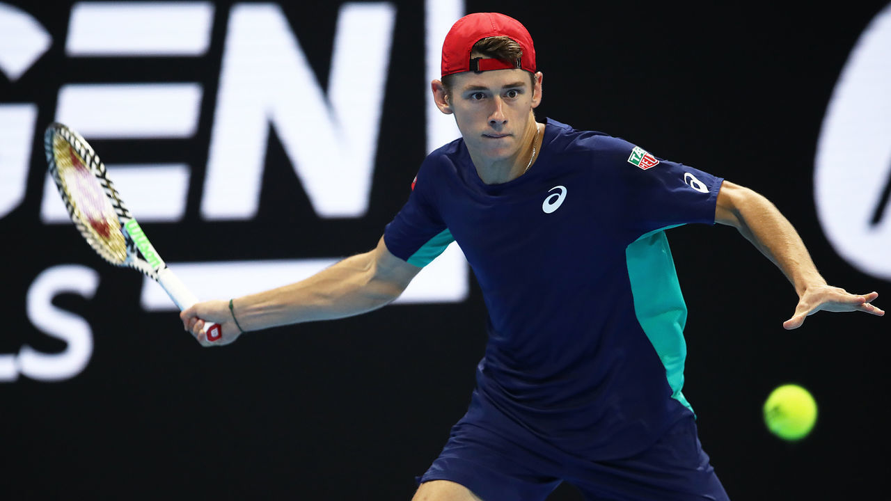 MILAN, ITALY - NOVEMBER 05: Alex de Minaur of Australia plays a forehand in his group match against Alejandro Davidovich Fokina of Spain during Day One of the Next Gen ATP Finals at Allianz Cloud on November 05, 2019 in Milan, Italy.