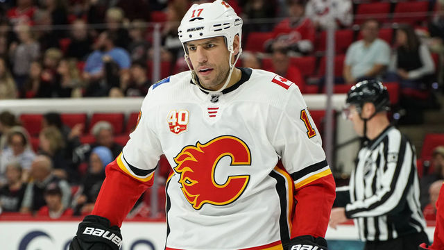 RALEIGH, NC - OCTOBER 29: Calgary Flames Left Wing Milan Lucic (17) skates during a timeout during a game between the Calgary Flames and the Carolina Hurricanes at the PNC Arena in Raleigh, NC on October 29, 2019.