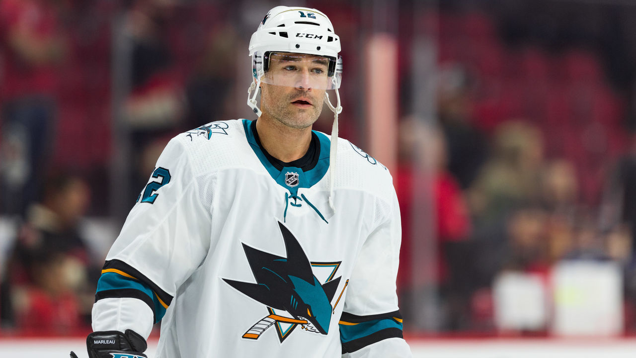 OTTAWA, ON - OCTOBER 27: San Jose Sharks center Patrick Marleau (12) during warm-up before National Hockey League action between the San Jose Sharks and Ottawa Senators on October 27, 2019, at Canadian Tire Centre in Ottawa, ON, Canada.