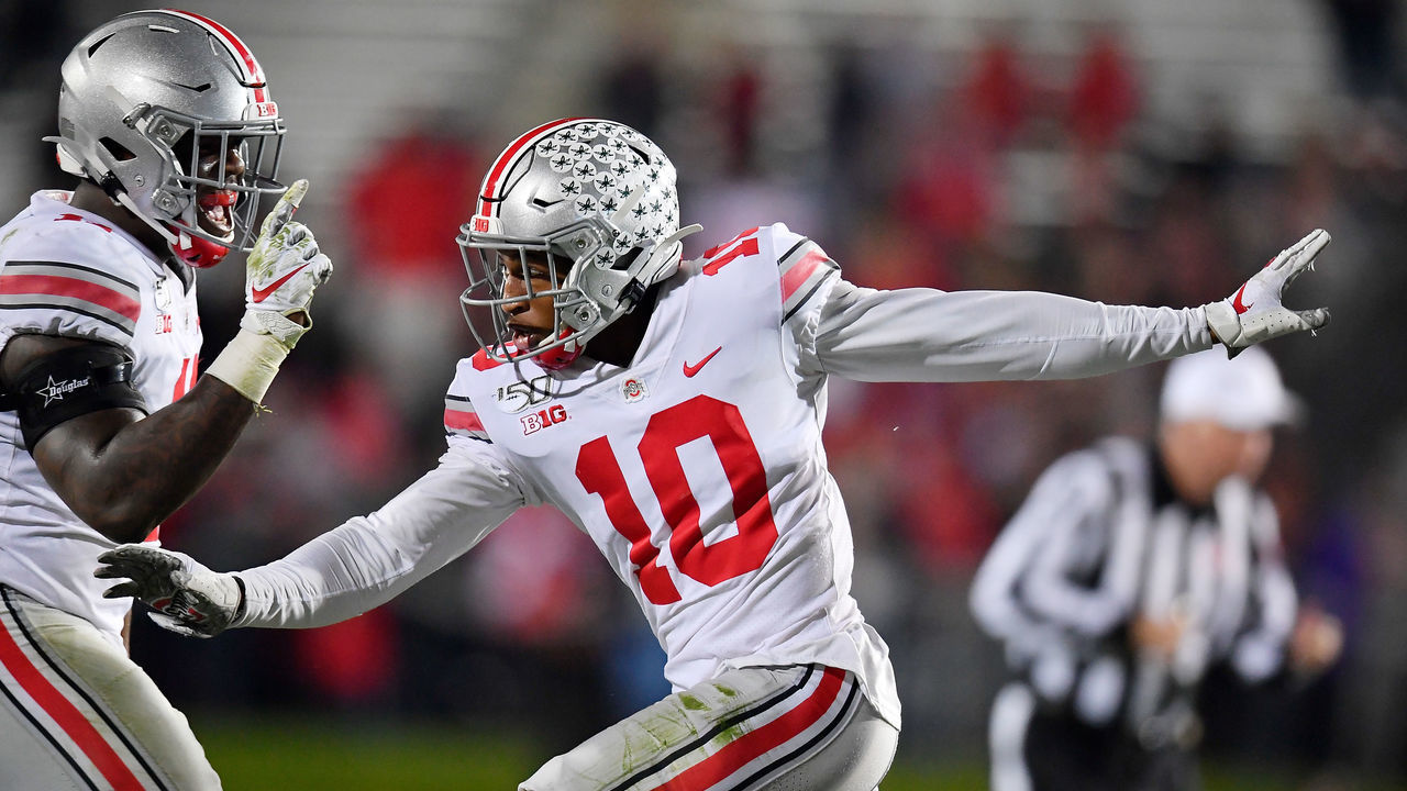 EVANSTON, ILLINOIS - OCTOBER 18: Amir Riep #10 of the Ohio State Buckeyes celebrates after his interception in the second half against the Northwestern Wildcats at Ryan Field on October 18, 2019 in Evanston, Illinois.