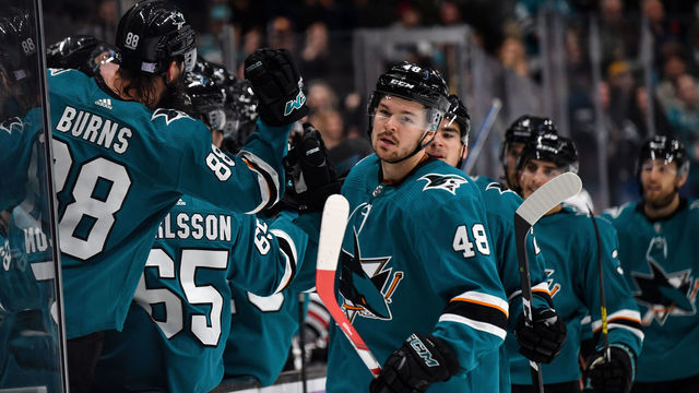 SAN JOSE, CA - NOVEMBER 5: Tomas Hertl #48 of the San Jose Sharks celebrates scoring a goal against the Chicago Blackhawks at SAP Center on November 5, 2019 in San Jose, California.