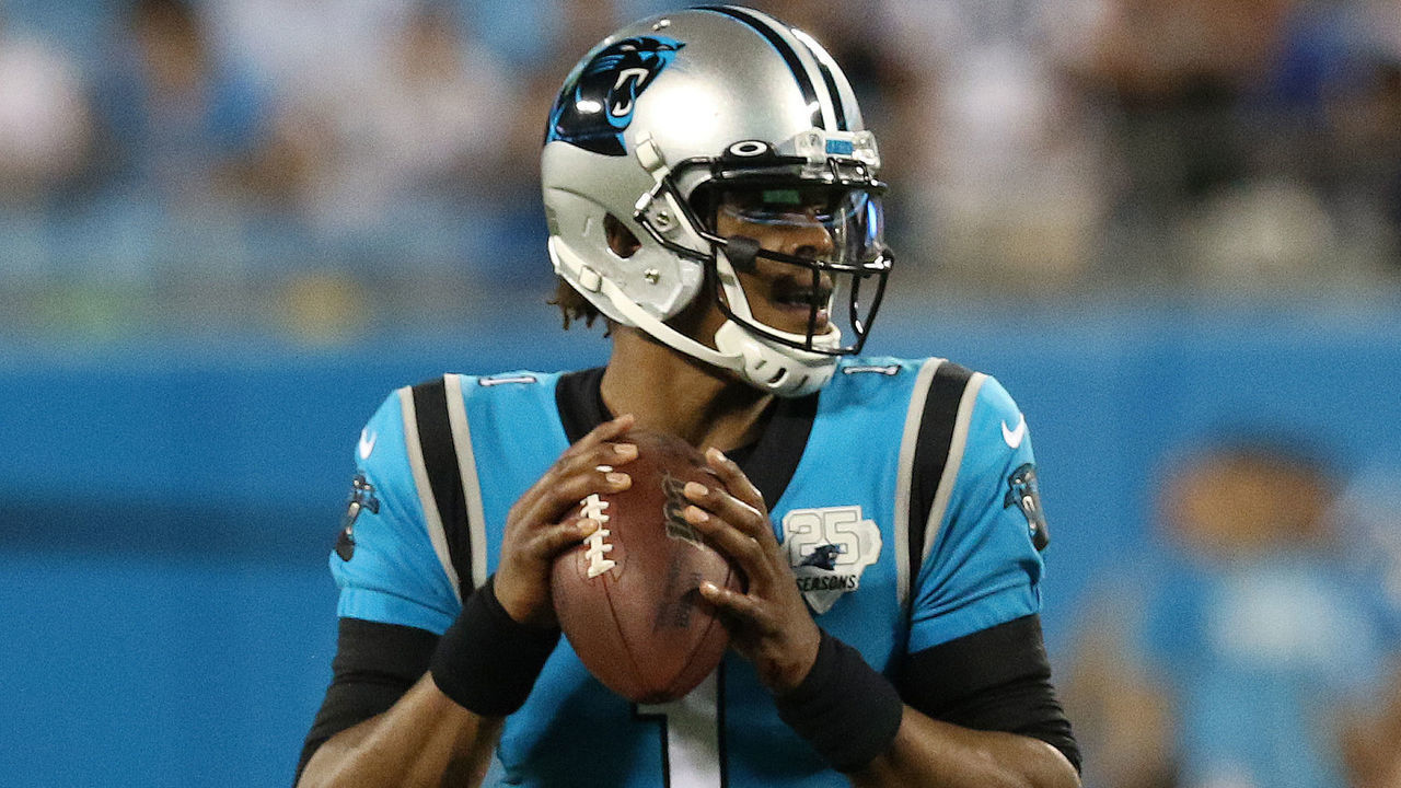 CHARLOTTE, NC - SEPTEMBER 12: Cam Newton (1) quarterback of Carolina during a NFL football game between the Tampa Bay Buccaneers and the Carolina Panthers on September 12, 2019, at Bank of America Stadium in Charlotte, N.C.