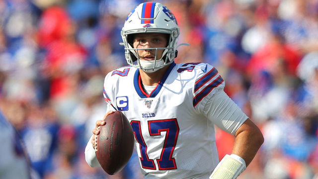 ORCHARD PARK, NY - SEPTEMBER 22: Josh Allen #17 of the Buffalo Bills looks to throw a pass during the second half against the Cincinnati Bengals at New Era Field on September 22, 2019 in Orchard Park, New York. Buffalo beats Cincinnati 21 to 17.