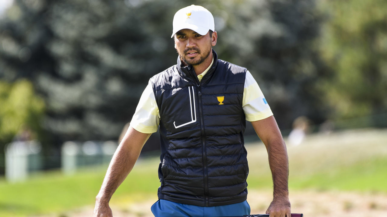 JERSEY CITY, NJ - SEPTEMBER 30: Jason Day of Australia and the International Team reacts to missing his putt on the eighth hole green during Saturday afternoon Four-Ball matches in the third round of the Presidents Cup at Liberty National Golf Club on September 30, 2017, in Jersey City, New Jersey.