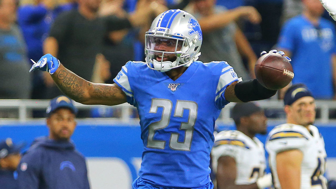 Detroit Lions cornerback Darius Slay (23) celebrates after intercepting a pass during the second half of an NFL football game against the Los Angeles Chargers in Detroit, Michigan USA, on Sunday, September 15, 2019.
