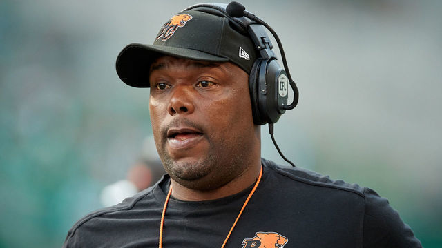 REGINA, SK - JULY 20: Head coach DeVone Claybrooks of the BC Lions on the sideline during the game between the BC Lions and Saskatchewan Roughriders at Mosaic Stadium on July 20, 2019 in Regina, Canada.