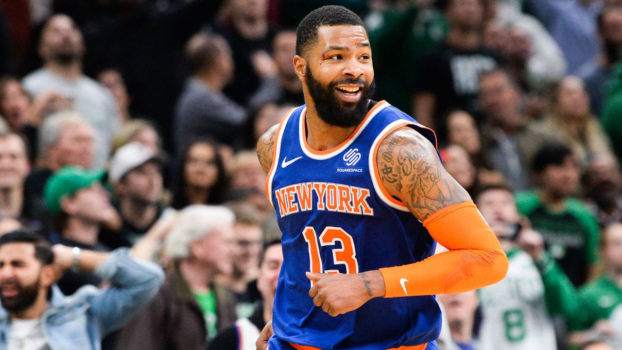 BOSTON, MA - NOVEMBER 1: Marcus Morris Sr. #13 of the New York Knicks reacts after hitting a game tying shot against the Boston Celtics late in the second half at TD Garden on November 1, 2019 in Boston, Massachusetts.