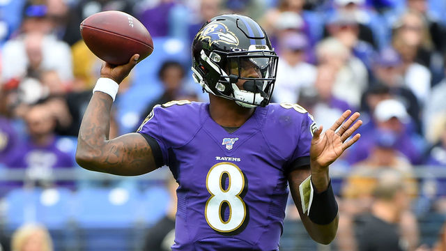 BALTIMORE, MD - OCTOBER 13: Lamar Jackson #8 of the Baltimore Ravens passes against the Cincinnati Bengals during the first half at M&T Bank Stadium on October 13, 2019 in Baltimore, Maryland.