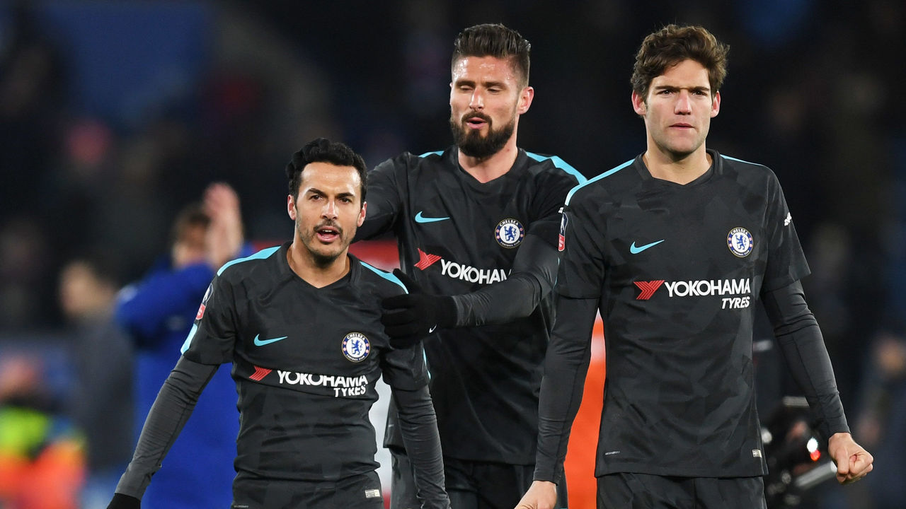 LEICESTER, ENGLAND - MARCH 18: Pedro, Olivier Giroud and Marcos Alonso of Chelsea celebrate victory after The Emirates FA Cup Quarter Final match between Leicester City and Chelsea at The King Power Stadium on March 18, 2018 in Leicester, England.
