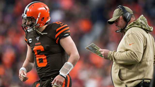 DENVER, CO - NOVEMBER 3: Baker Mayfield #6 of the Cleveland Browns returns to the field after a discussion with head coach Freddie Kitchens of the Cleveland Browns in the fourth quarter of a game at Empower Field at Mile High on November 3, 2019 in Denver, Colorado.
