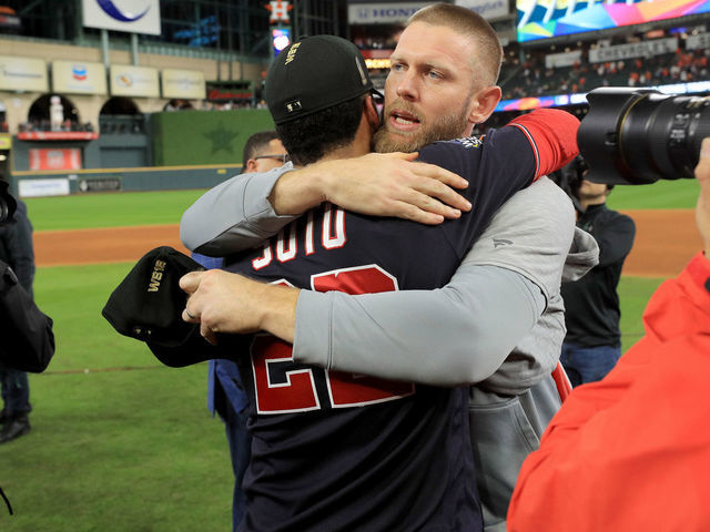 HOUSTON, TEXAS - OCTOBER 30: Juan Soto #22 and Stephen Strasburg #37 of the Washington Nationals celebrate after defeating the Houston Astros 6-2 in Game Seven to win the 2019 World Series in Game Seven of the 2019 World Series at Minute Maid Park on October 30, 2019 in Houston, Texas.