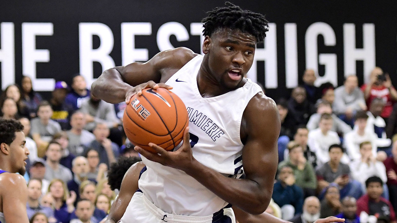 MIDDLE VILLAGE, NEW YORK - APRIL 06: Isaiah Stewart #33 of La Lumiere grabs the rebound against IMG Academy in the championship game of the GEICO High School National Tournament at Christ the King High School on April 06, 2019 in Middle Village, New York.