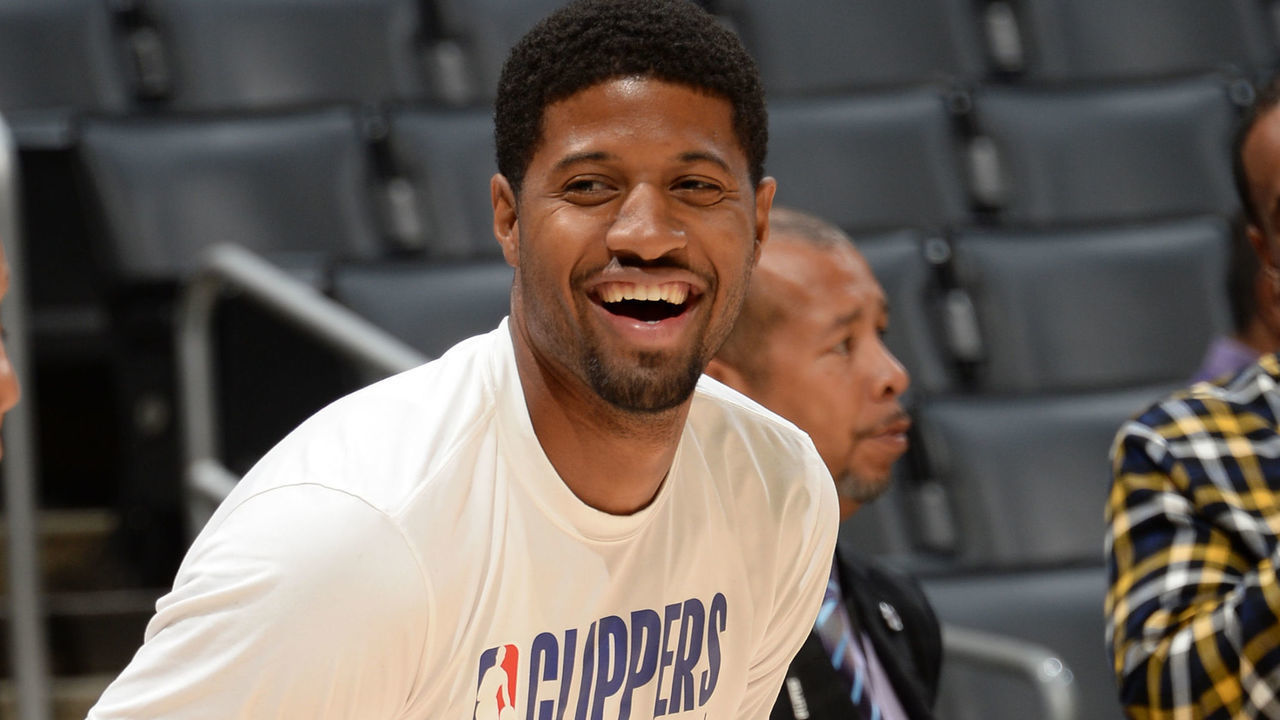 LOS ANGELES, CA - NOVEMBER 3: Paul George #13 of the LA Clippers smiles before a game against the Utah Jazz on November 3, 2019 at STAPLES Center in Los Angeles, California. NOTE TO USER: User expressly acknowledges and agrees that, by downloading and/or using this Photograph, user is consenting to the terms and conditions of the Getty Images License Agreement. Mandatory Copyright Notice: Copyright 2019 NBAE