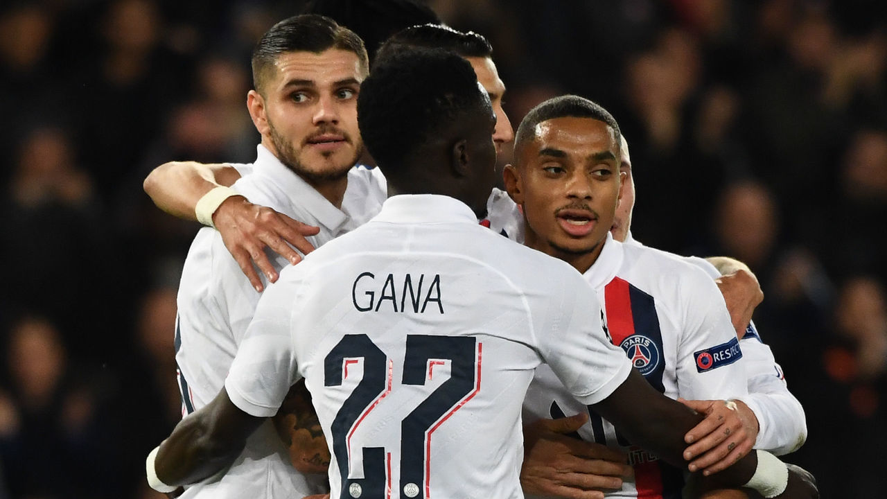 Paris Saint-Germain's Argentine forward Mauro Icardi (1st-L) celebrates with his teammates after scoring a goal during the UEFA Champions League Group A football match between Paris Saint-Germain (PSG) and Club Brugge at the Parc des Princes stadium in Paris on October 6, 2019.
