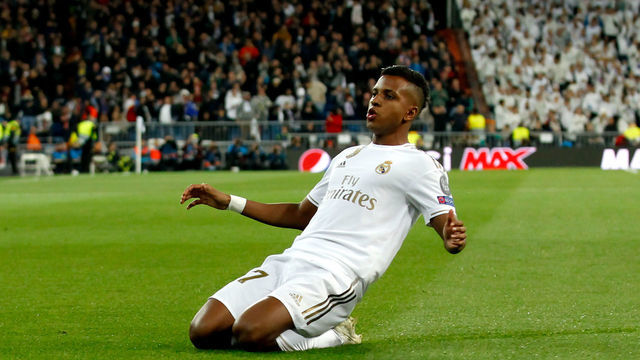 MADRID, SPAIN - NOVEMBER 6: Rodrygo of Real Madrid celebrates goal during the UEFA Champions League match between Real Madrid v Galatasaray at the Santiago Bernabeu on November 6, 2019 in Madrid Spain