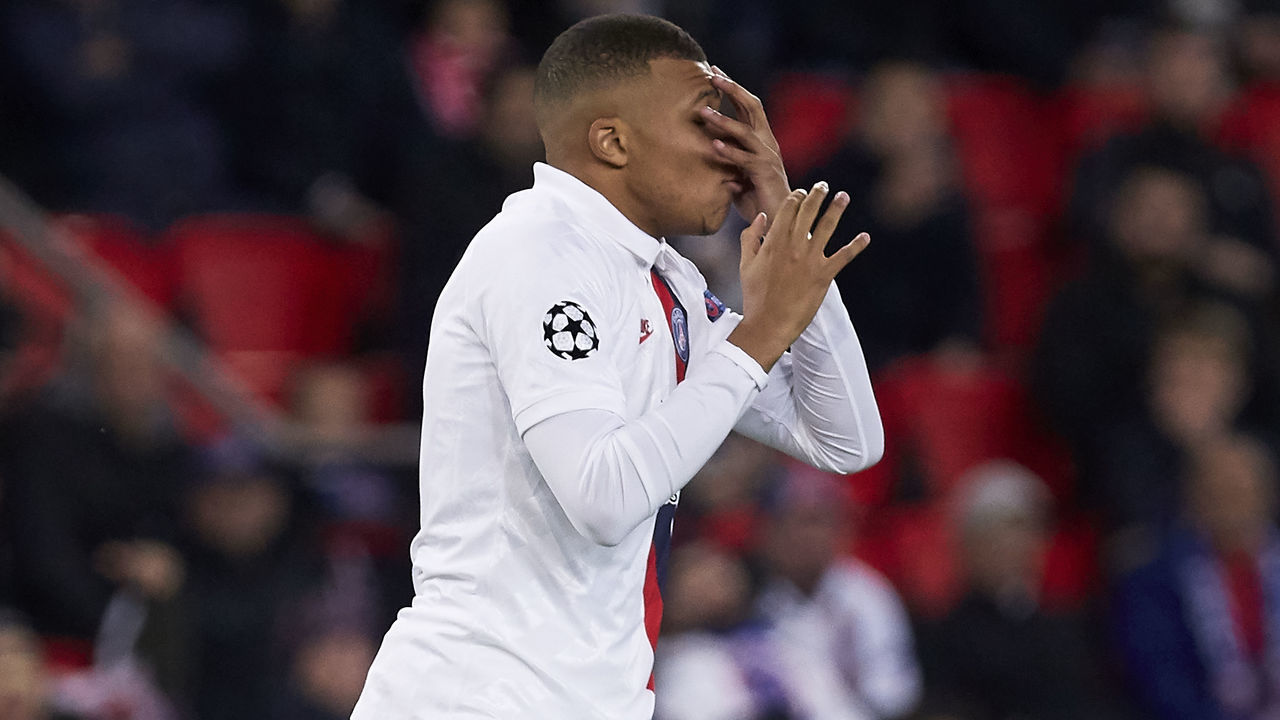 PARIS, FRANCE - NOVEMBER 06: Kylian Mbappe of Paris Saint-Germain reacts during the UEFA Champions League group A match between Paris Saint-Germain and Club Brugge KV at Parc des Princes on November 06, 2019 in Paris, France.