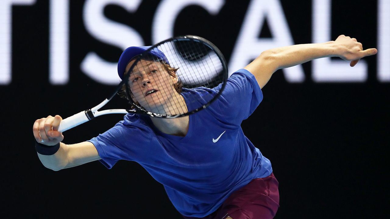 MILAN, ITALY - NOVEMBER 06: Jannik Sinner of Italy in action against Mikael Ymer of Sweden during Day Two of the Next Gen ATP Finals at Allianz Cloud on November 06, 2019 in Milan, Italy.