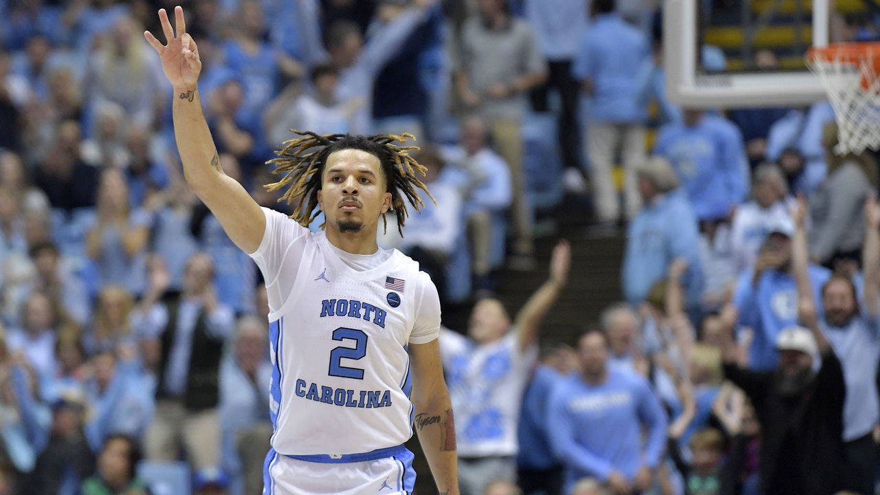 CHAPEL HILL, NORTH CAROLINA - NOVEMBER 06: Cole Anthony #2 of the North Carolina Tar Heels reacts after making a three-point basket against the Notre Dame Fighting Irish in the second half at the Dean Smith Center on November 06, 2019 in Chapel Hill, North Carolina. North Carolina won 76-65.