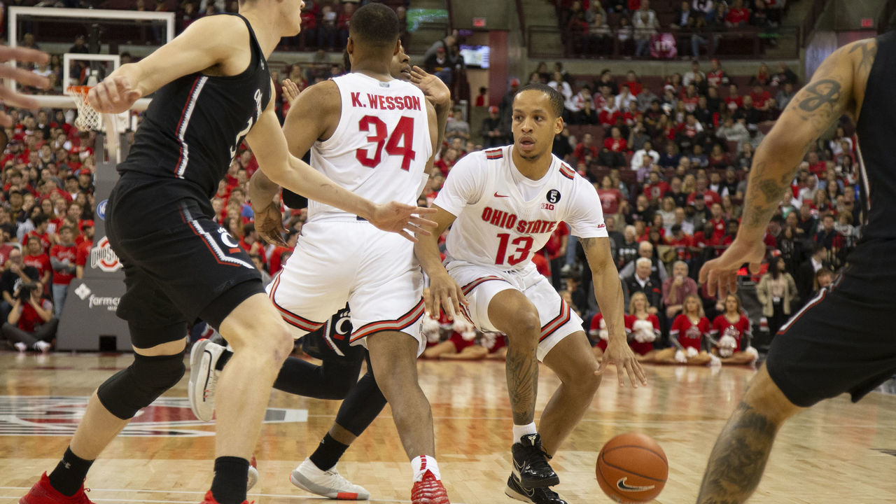 COLUMBUS, OH - NOVEMBER 06: Ohio State Buckeyes guard CJ Walker (13) dribbles the ball during the game between the Ohio State Buckeyes and the Cincinnati Bearcats at the Value City Arena in Columbus, Ohio on November 6, 2019.