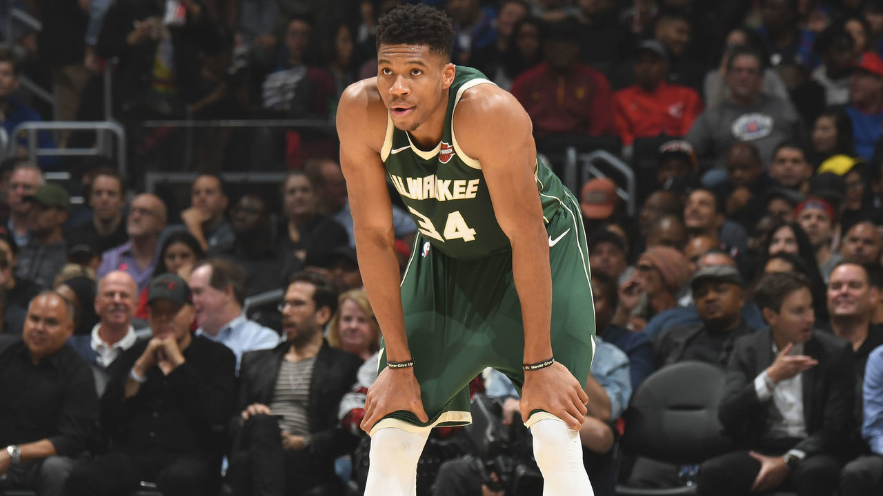 LOS ANGELES, CA - NOVEMBER 6: Giannis Antetokounmpo #34 of the Milwaukee Bucks looks on against the LA Clippers on November 6, 2019 at STAPLES Center in Los Angeles, California. NOTE TO USER: User expressly acknowledges and agrees that, by downloading and/or using this Photograph, user is consenting to the terms and conditions of the Getty Images License Agreement. Mandatory Copyright Notice: Copyright 2019 NBAE