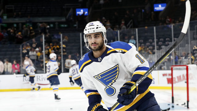 BOSTON, MA - OCTOBER 26: St. Louis Blues left wing Robby Fabbri (15) skates in warm up before a game between the Boston Bruins and the St. Louis Blues on October 26, 2019, at TD Garden in Boston, Massachusetts.