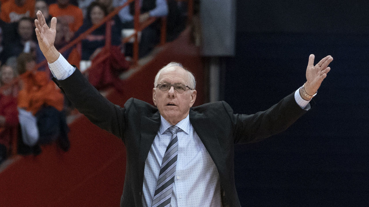 SYRACUSE, NY - NOVEMBER 06: Syracuse Orange Head Coach Jim Boeheim reacts to a call on the court during the second half of the game between the Virginia Cavaliers and the Syracuse Orange on November 6, 2019, at the Carrier Dome in Syracuse, NY.