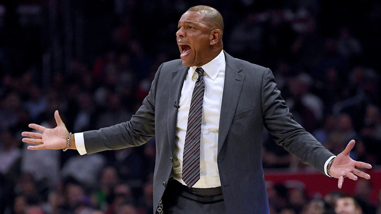 LOS ANGELES, CALIFORNIA - NOVEMBER 06: LA Clippers coach Doc Rivers reacts to a Giannis Antetokounmpo #34 of the Milwaukee Bucks block during the first half at Staples Center on November 06, 2019 in Los Angeles, California.