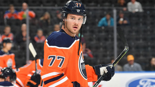 EDMONTON, AB - OCTOBER 16: Oscar Klefbom #77 of the Edmonton Oilers warms up prior to the game against the Philadelphia Flyers on October 16, 2019, at Rogers Place in Edmonton, Alberta, Canada.