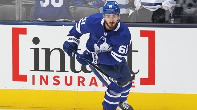 TORONTO, ON - OCTOBER 10: Nic Petan #61 of the Toronto Maple Leafs warms up prior to action against the Tampa Bay Lightning in an NHL game at Scotiabank Arena on October 10, 2019 in Toronto, Ontario, Canada. The Lightning defeated the Maple Leafs 7-3.