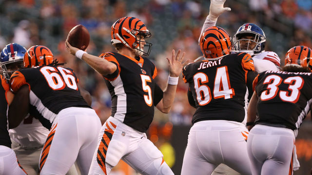 CINCINNATI, OH - AUGUST 22: Cincinnati Bengals quarterback Ryan Finley (5) passes the ball during the preseason game against the New York Giants and the Cincinnati Bengals on August 22nd 2019, at Paul Brown Stadium in Cincinnati, OH.