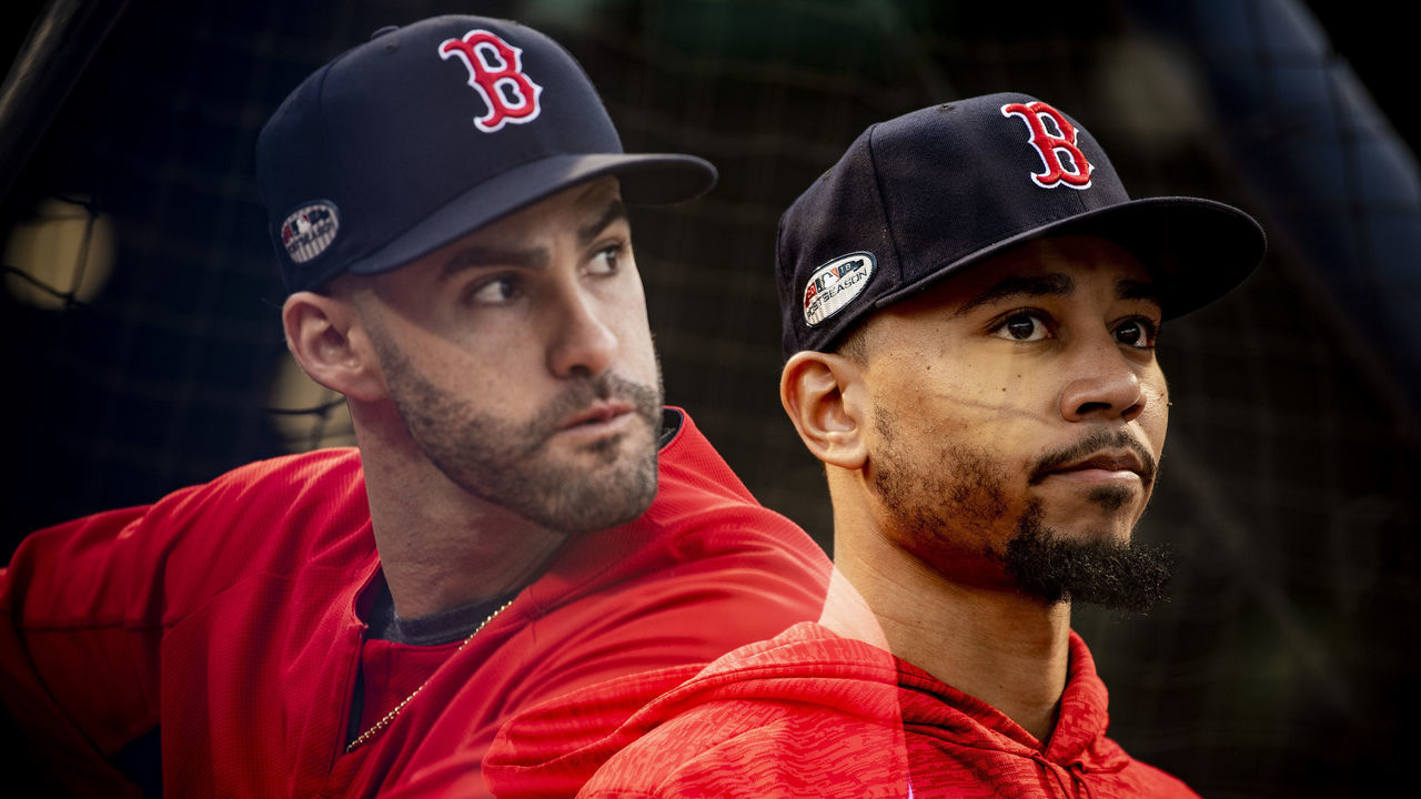 BOSTON, MA - OCTOBER 14: (EDITOR NOTE: this image is created using an in camera multiple exposure.) J.D. Martinez #28 and Mookie Betts #50 of the Boston Red Sox take batting practice before game two of the American League Championship Series against the Houston Astros on October 14, 2018 at Fenway Park in Boston, Massachusetts.