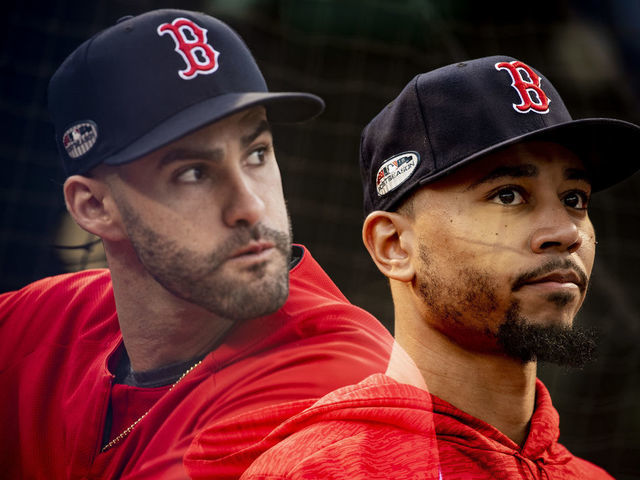 BOSTON, MA - OCTOBER 14: (EDITOR NOTE: this image is created using an in camera multiple exposure.) J.D. Martinez #28 and Mookie Betts #50 of the Boston Red Sox take batting practice before game two of the American League Championship Series against the Houston Astros on October 14, 2018 at Fenway Park in Boston, Massachusetts.