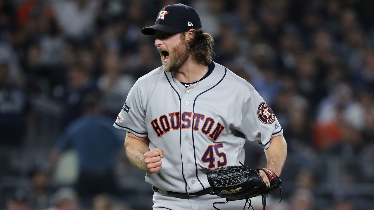 NEW YORK, NEW YORK - OCTOBER 15: Gerrit Cole #45 of the Houston Astros celebrates retiring the side during the sixth inning against the New York Yankees in game three of the American League Championship Series at Yankee Stadium on October 15, 2019 in New York City.