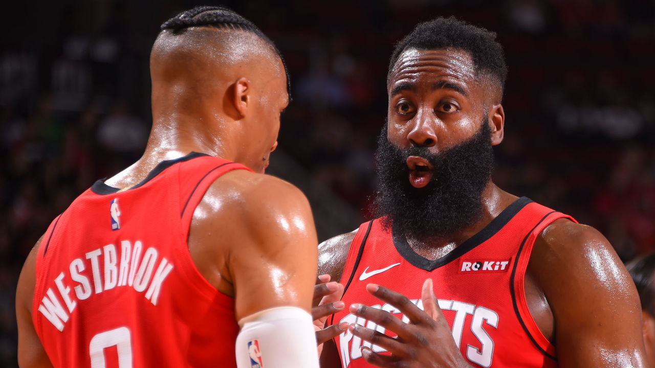 HOUSTON, TX - October 24 : James Harden #13 and Russell Westbrook #0 of the Houston Rockets talk during a game against the Milwaukee Bucks on October 24, 2019 at the Toyota Center in Houston, Texas. Mandatory Copyright Notice: Copyright 2019 NBAE
