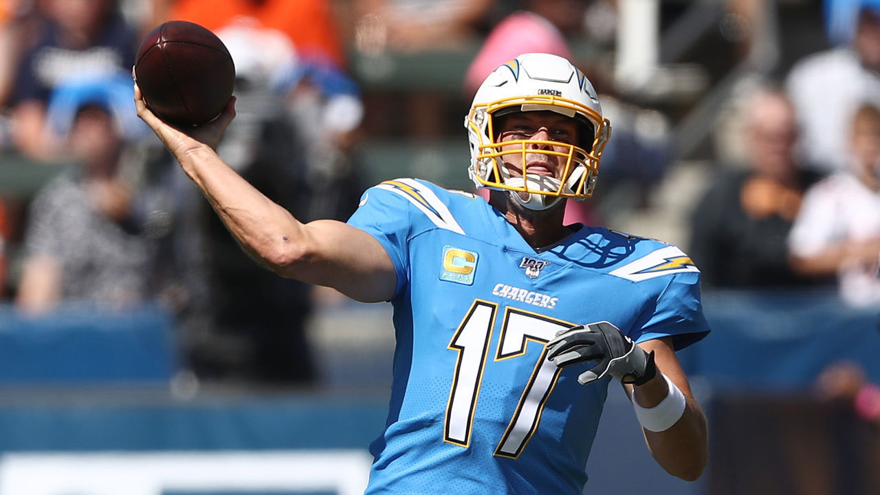 CARSON, CALIFORNIA - OCTOBER 06: Philip Rivers #17 of the Los Angeles Chargers passes the ball during the first half of a game against the Denver Broncos at Dignity Health Sports Park on October 06, 2019 in Carson, California.