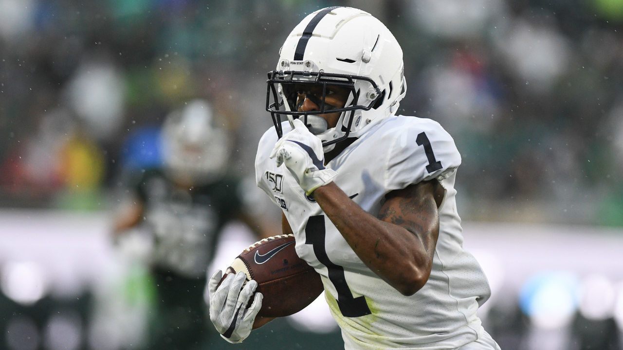 EAST LANSING, MI - OCTOBER 26: Penn State wide receiver KJ Hamler (1) races up field for a big gain during a college football game between the Michigan State Spartans and Penn State Nittany Lions on October 26, 2019 at Spartan Stadium in East Lansing, MI.