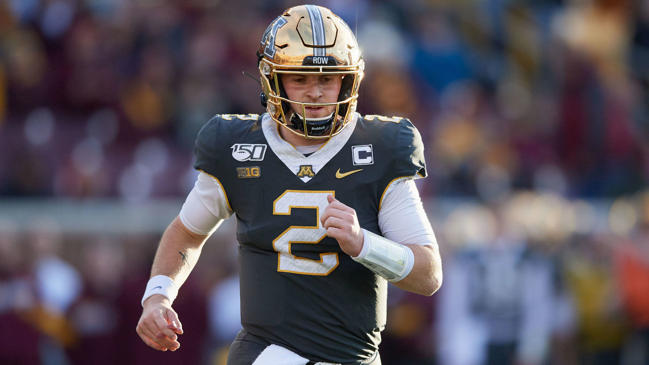 MINNEAPOLIS, MINNESOTA - OCTOBER 26: Quarterback Tanner Morgan #2 of the Minnesota Gophers looks on during the game against the Maryland Terrapins at TCF Bank Stadium on October 26, 2019 in Minneapolis, Minnesota. The Gophers defeated the Terrapins 52-10.