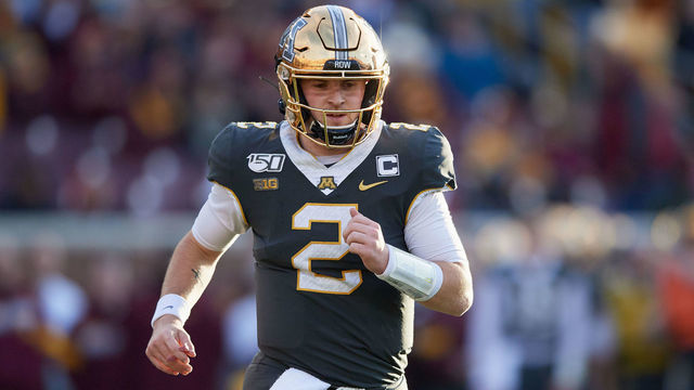 MINNEAPOLIS, MINNESOTA - OCTOBER 26: Quarterback Tanner Morgan #2 of the Minnesota Gophers looks on during the game against the Maryland Terrapins at TCF Bank Stadium on October 26, 2019 in Minneapolis, Minnesota. The Gophers defeated the Terrapins 52-10.