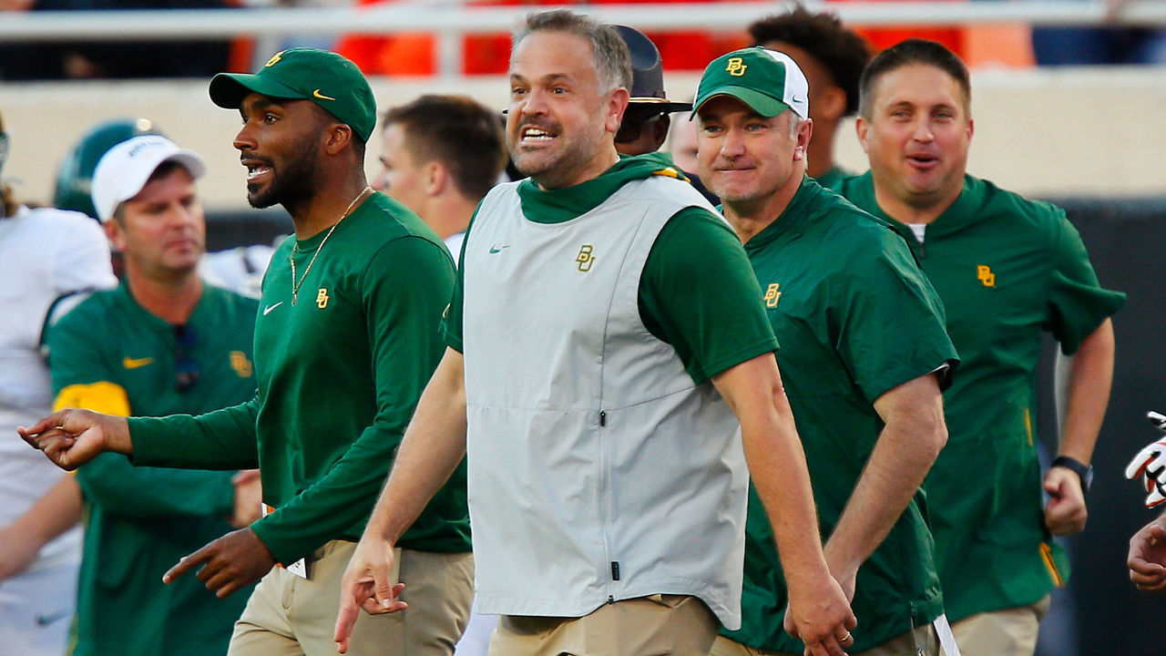STILLWATER, OK - OCTOBER 19: Head coach Matt Rhule of the Baylor University Bears grins after defeating the Oklahoma State Cowboys on October 19, 2019 at Boone Pickens Stadium in Stillwater, Oklahoma. Baylor's record was 7-0 after the 45-27 road win.