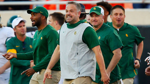STILLWATER, OK - OCTOBER 19: Head coach Matt Rhule of the Baylor University Bears grins after defeating the Oklahoma State Cowboys on October 19, 2019 at Boone Pickens Stadium in Stillwater, Oklahoma. Baylor's record was 7-0 after the 45-27 road win.