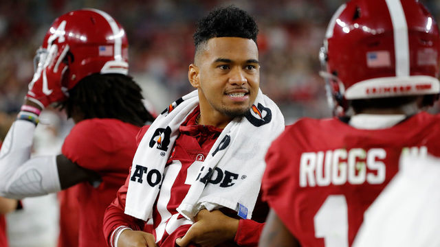 TUSCALOOSA, ALABAMA - OCTOBER 26: Tua Tagovailoa #13 of the Alabama Crimson Tide reacts on the sidelines in the first half against the Arkansas Razorbacks with Henry Ruggs III #11 at Bryant-Denny Stadium on October 26, 2019 in Tuscaloosa, Alabama.