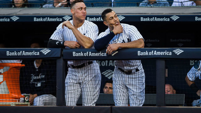 NEW YORK, NY - MAY 30: Giancarlo Stanton #27 and Aaron Judge #99 of the New York Yankees look on during the game against the Houston Astros at Yankee Stadium on Wednesday May 30, 2018 in the Bronx borough of New York City.
