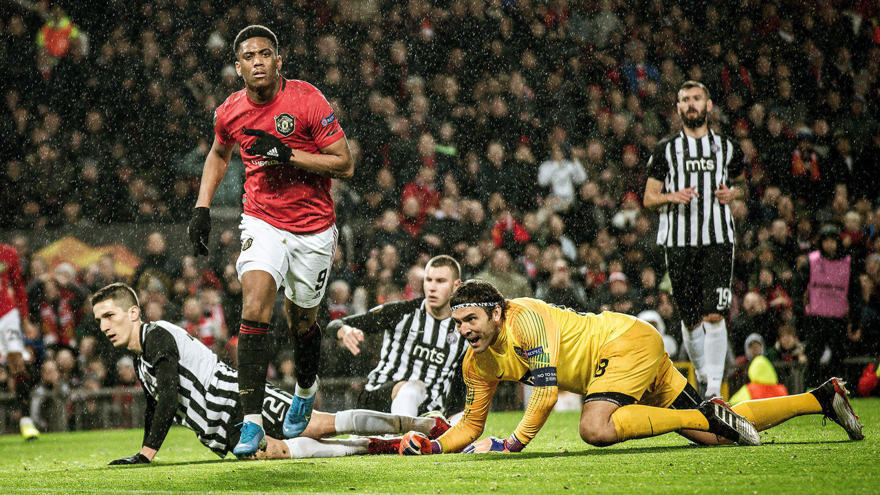 MANCHESTER, ENGLAND - NOVEMBER 07: Anthony Martial of Manchester United celebrates scoring their second goal during the UEFA Europa League group L match between Manchester United and Partizan at Old Trafford on November 07, 2019 in Manchester, United Kingdom.