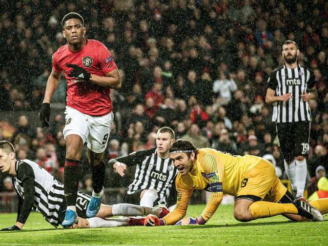 MANCHESTER, ENGLAND - NOVEMBER 07: Anthony Martial of Manchester United celebrates scoring their second goal during the UEFA Europa League group L match between Manchester United and Partizan at Old Trafford on November 07, 2019 in Manchester, United Kingdom.