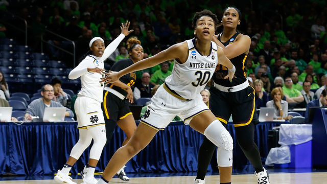 SOUTH BEND, IN - MARCH 23: Notre Dame Fighting Irish Center Mikayla Vaughn (30) get rebounding position against Bethune-Cookman Lady Wildcats forward Chasimmie Brown (12) during the NCAA Division I Women's Championship first round basketball game between the Bethune-Cookman Lady Wildcats and the Notre Dame Fighting Irish on March 23, 2019 at Purcell Pavilion in Notre Dame, Indiana.